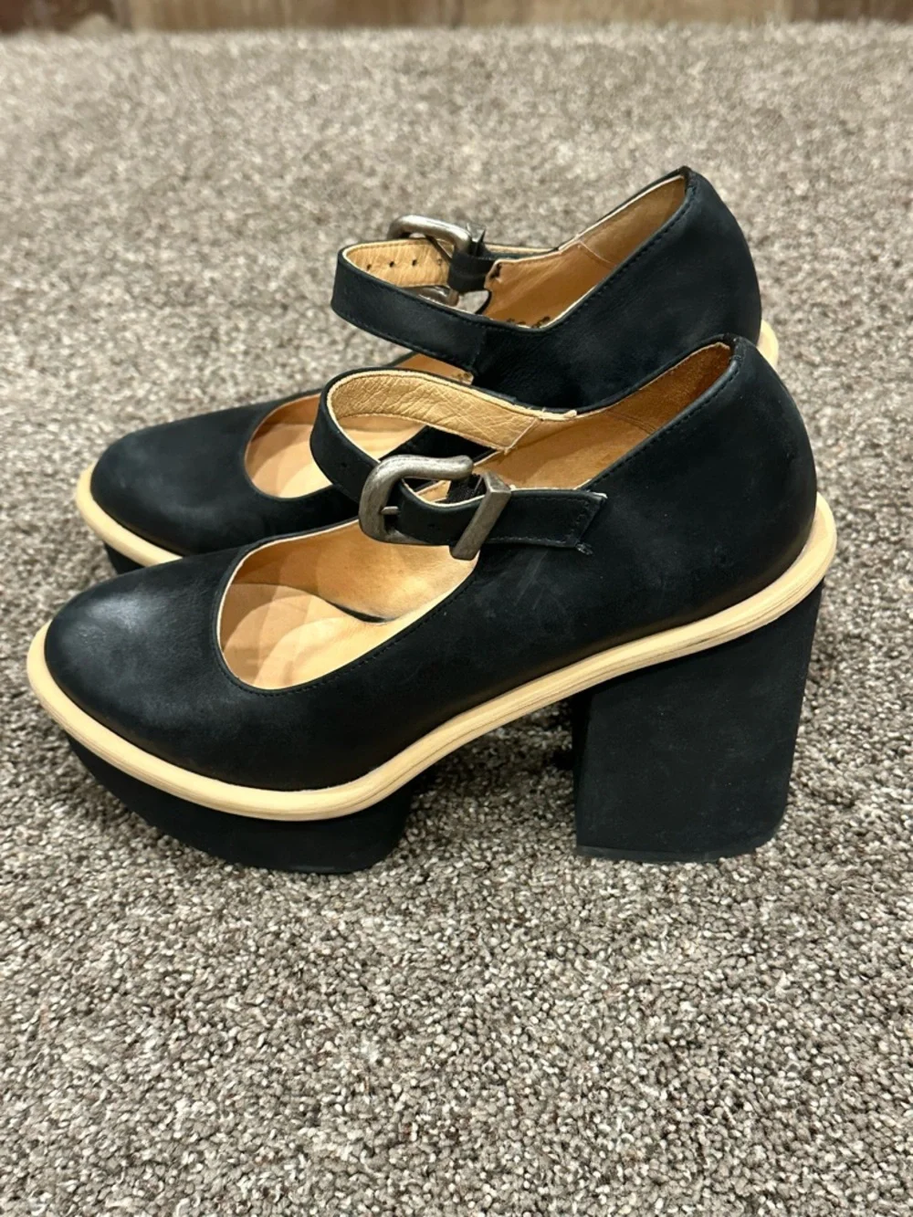 Free People Maggie Mary Jane Platform Heels Black Leather 37 Retro Chic - Picture 7 of 10